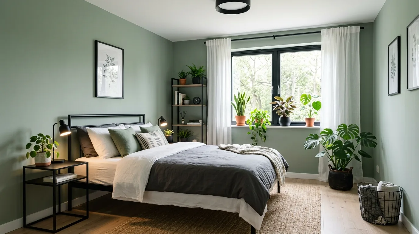 Let the headboard anchor the room with gentle contrast inspiration for a sage green bedroom.